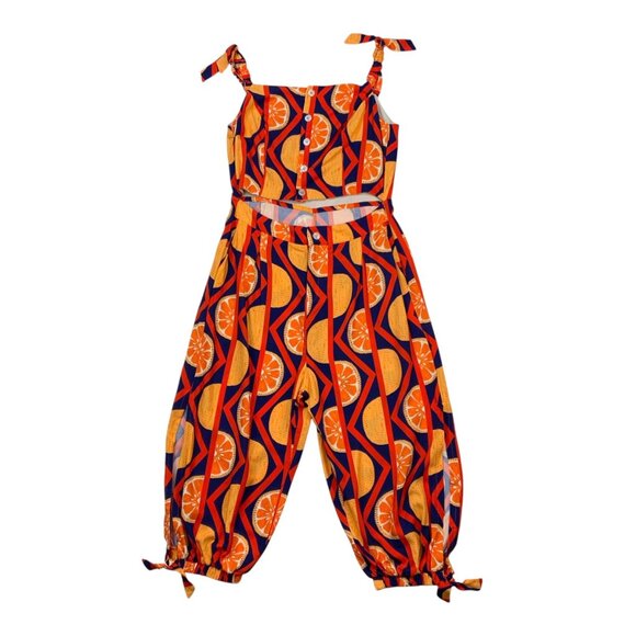 Frida Tropical Jumpsuit M Blue Novelty Orange Fruit Print Sleeveless Cropped - Picture 14 of 14
